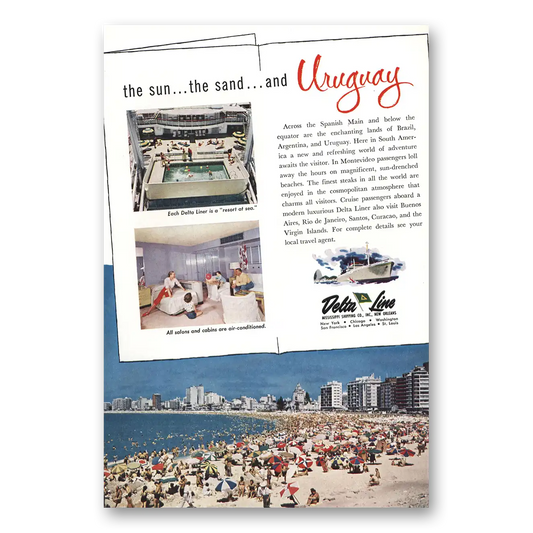 1958 Delta Line Sun Sand and Uruguay Vintage Magazine Print Ad