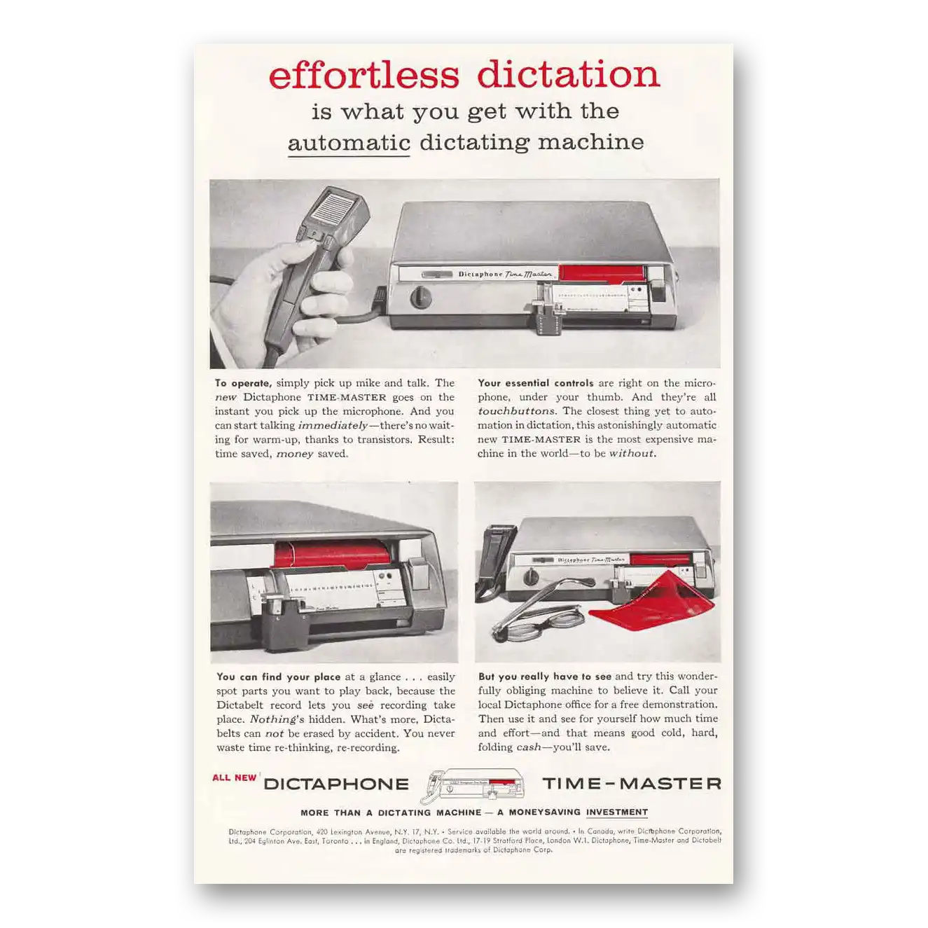 1958 Dictaphone Effortless Dictation Vintage Magazine Print Ad