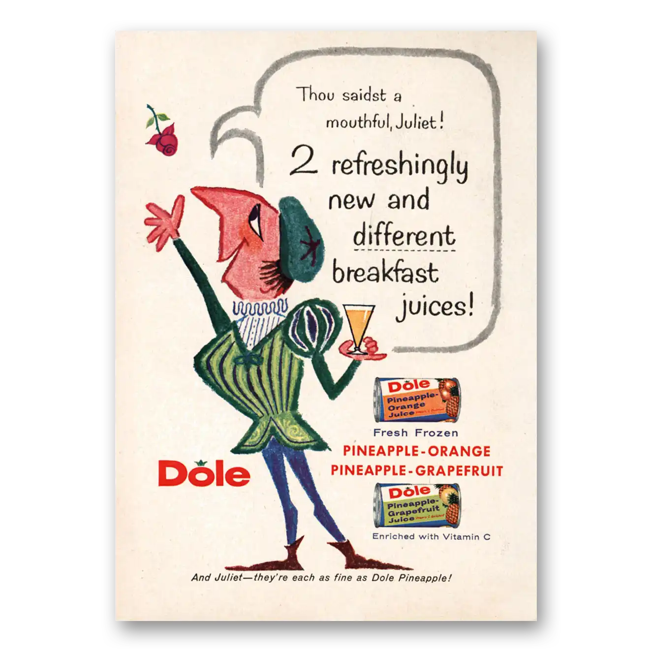 1958 Dole Pineapple Juice Thou Saidst a Mouthful Juliet Vintage Magazine Print Ad