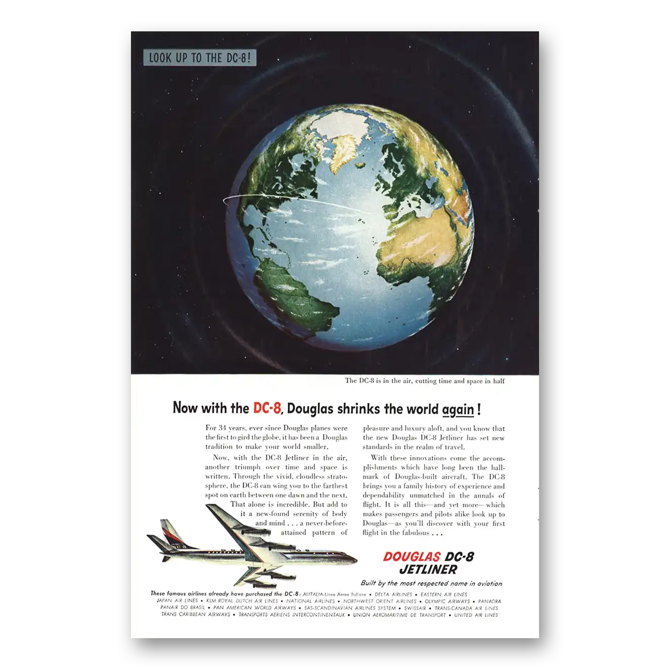 1958 Douglas DC8 Shrinks the World Vintage Magazine Print Ad