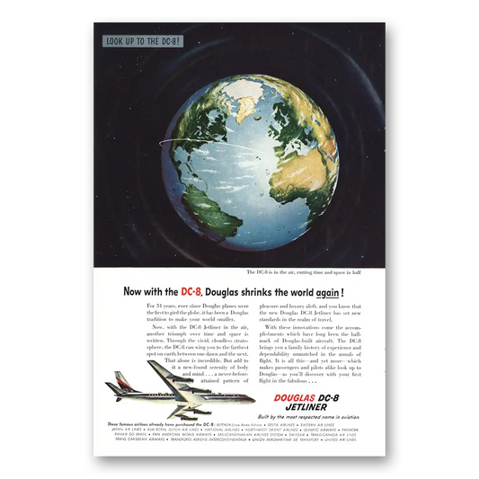 1958 Douglas DC8 Shrinks the World Vintage Magazine Print Ad