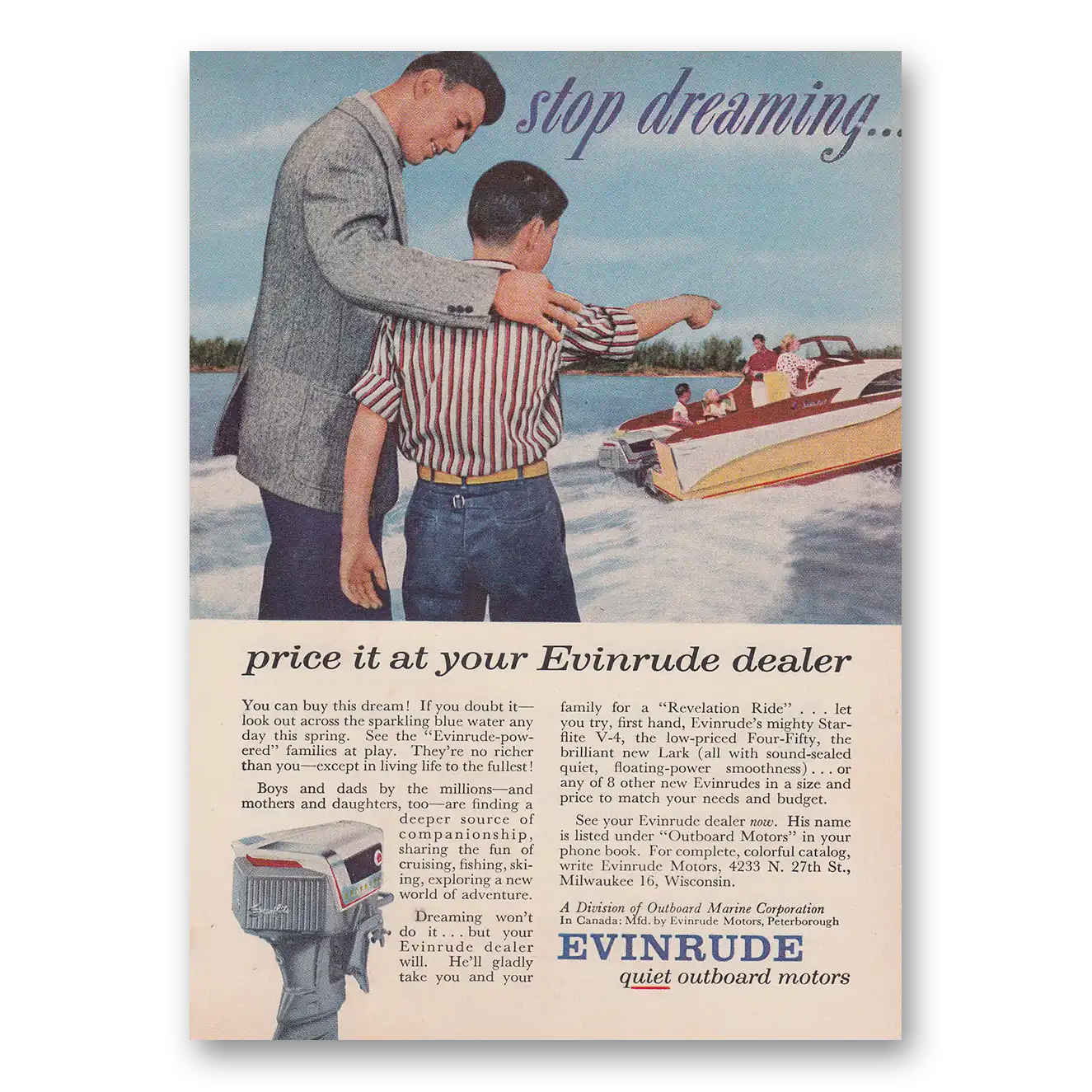 1958 Evinrude Stop Dreaming Vintage Magazine Print Ad