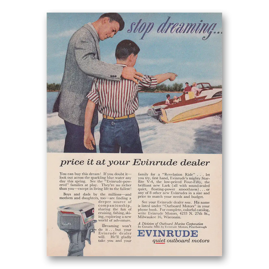 1958 Evinrude Stop Dreaming Vintage Magazine Print Ad