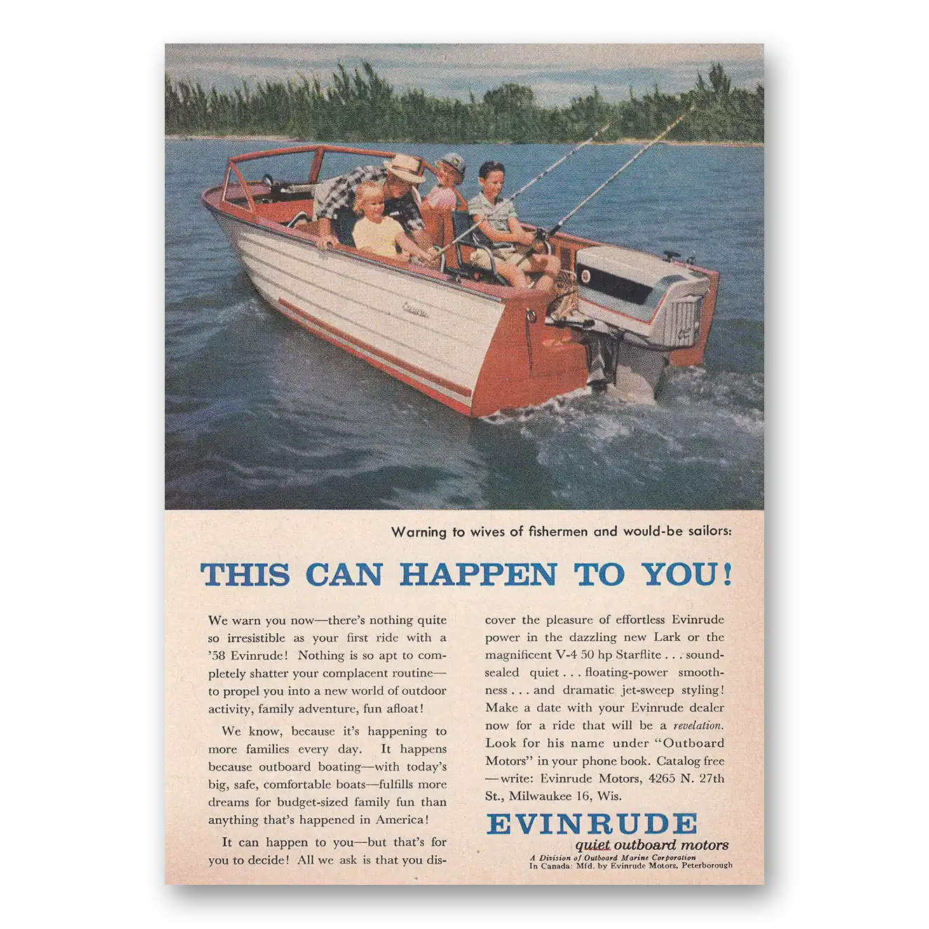 1958 Evinrude This Can Happen To You Vintage Magazine Print Ad