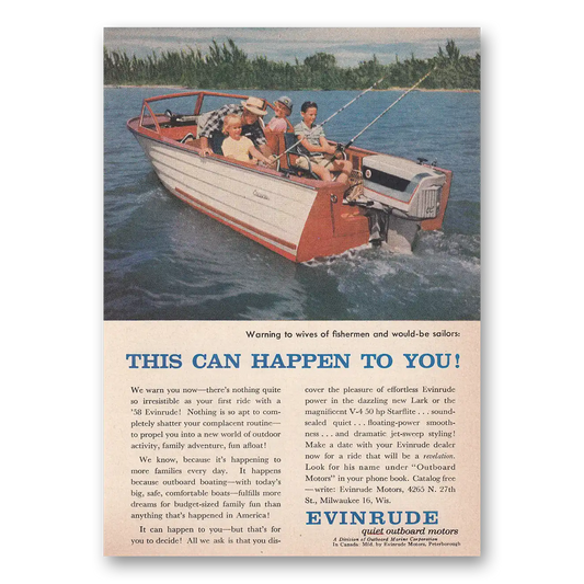 1958 Evinrude This Can Happen To You Vintage Magazine Print Ad