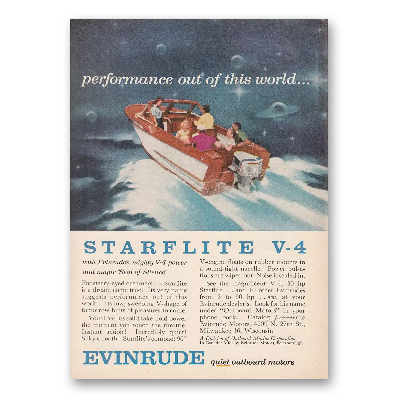 1958 Evinrude Starflite Performance Out of this World Vintage Magazine Print Ad