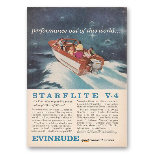 1958 Evinrude Starflite Performance Out of this World Vintage Magazine Print Ad