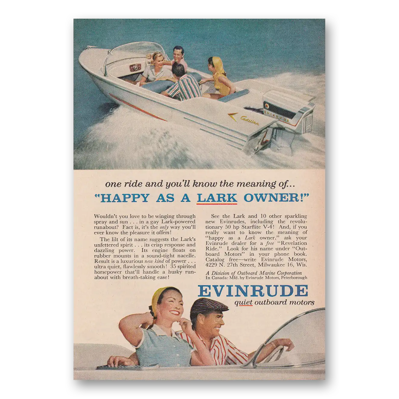 1958 Evinrude Happy as a Lark Owner Vintage Magazine Print Ad