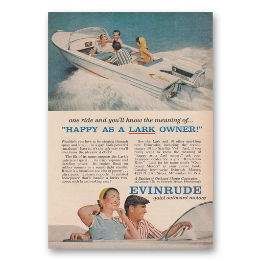 1958 Evinrude Happy as a Lark Owner Vintage Magazine Print Ad