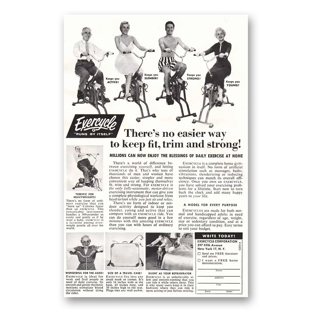 1958 Exercycle No Easier Way to Keep Fit Trim Vintage Magazine Print Ad