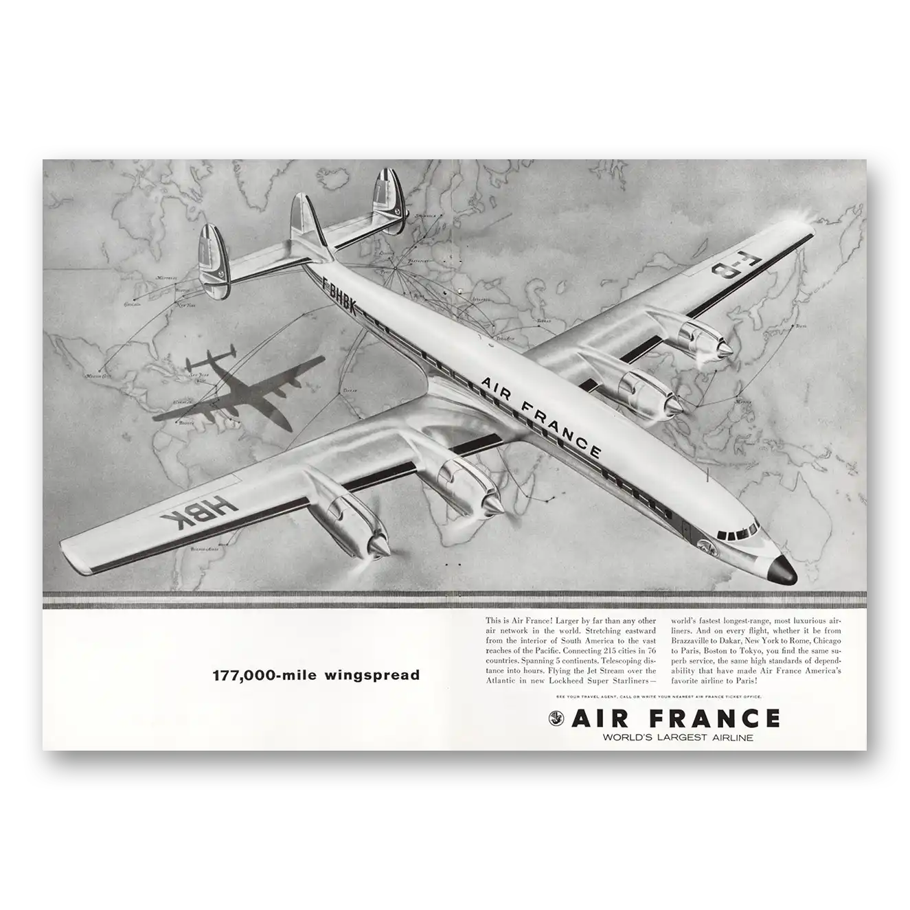 1958 Air France 177000 Mile Wingspan Starliners Vintage Magazine Print Ad