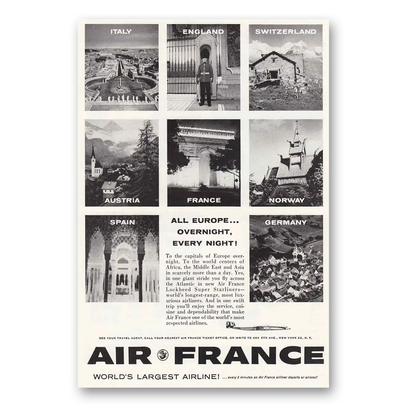 1958 Air France All Europe Overnight Every Night Vintage Magazine Print Ad