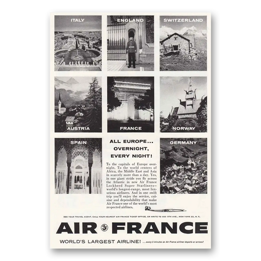 1958 Air France All Europe Overnight Every Night Vintage Magazine Print Ad