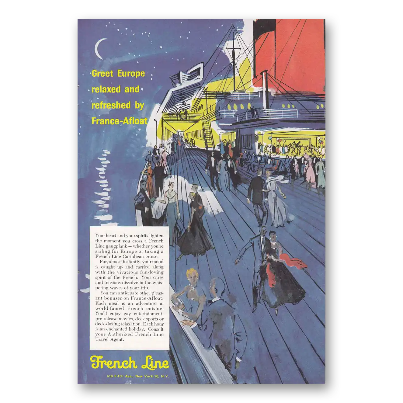 1958 French Line Deck France Afloat Vintage Magazine Print Ad