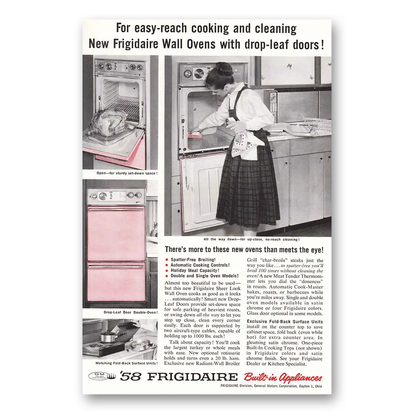 1958 Frigidaire Oven Range Wall Oven Drop Leaf Doors Vintage Magazine Print Ad