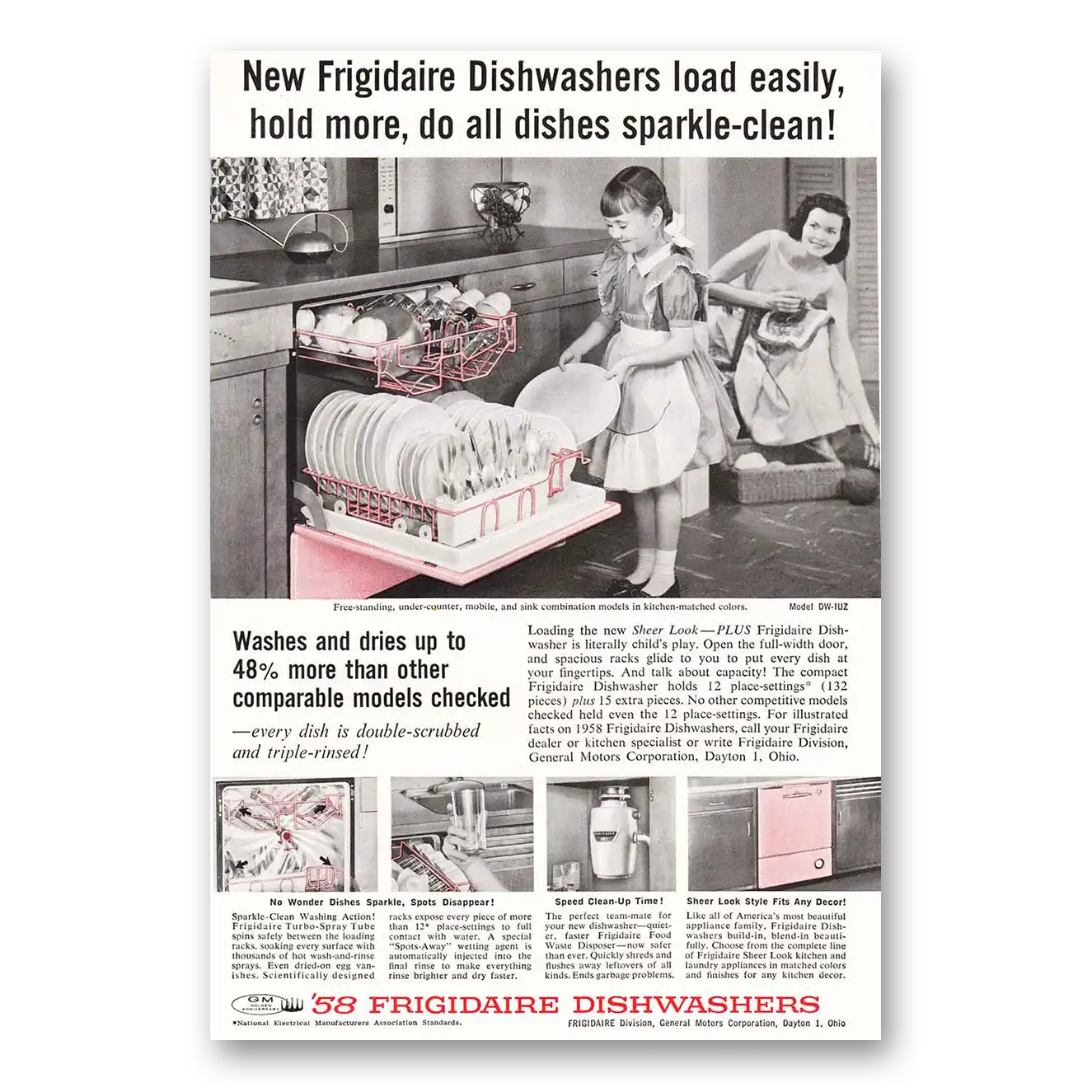 1958 Frigidaire Dishwasher Sparkle Clean Vintage Magazine Print Ad