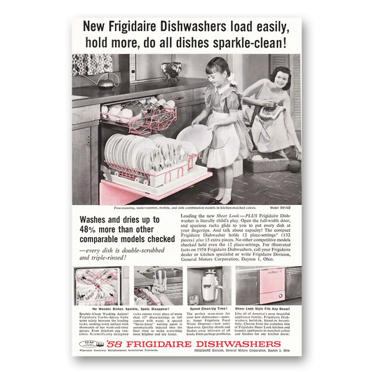 1958 Frigidaire Dishwasher Sparkle Clean Vintage Magazine Print Ad