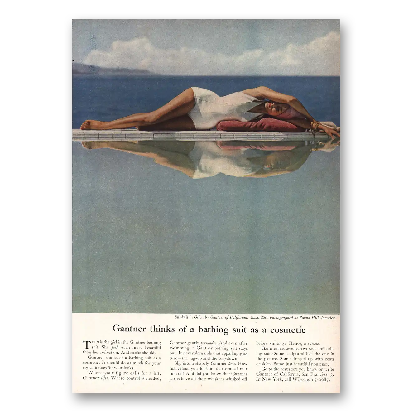 1958 Gantner Thinks of Bathing Suit As Cosmetic Vintage Magazine Print Ad