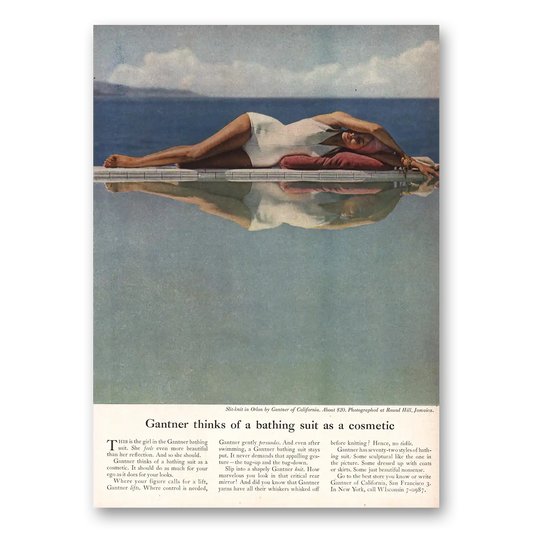 1958 Gantner Thinks of Bathing Suit As Cosmetic Vintage Magazine Print Ad