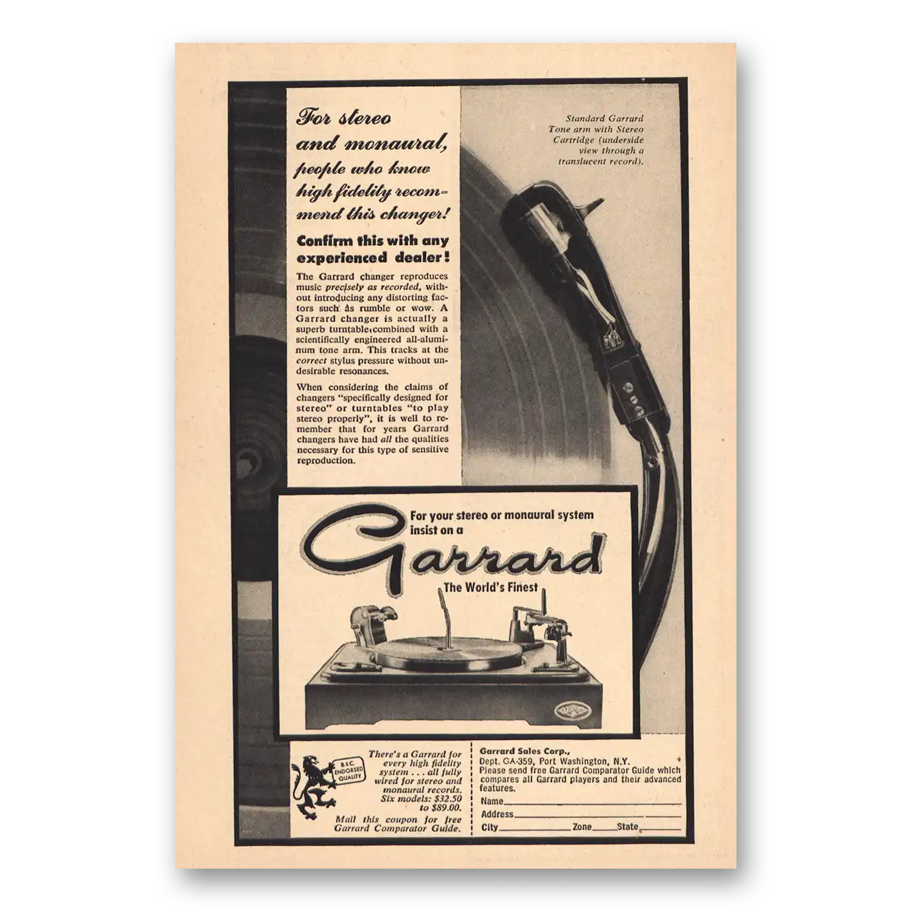 1958 Garrard For Stereo and Monaural Vintage Magazine Print Ad