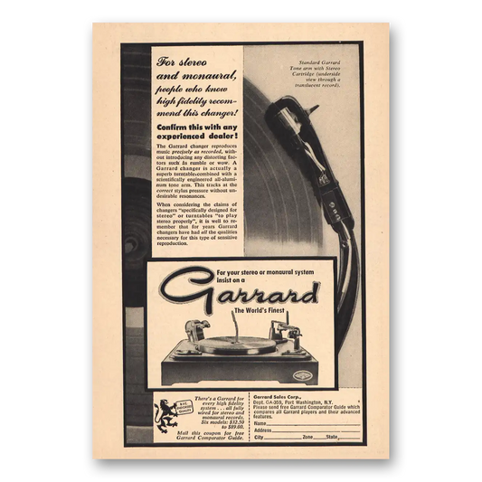 1958 Garrard For Stereo and Monaural Vintage Magazine Print Ad