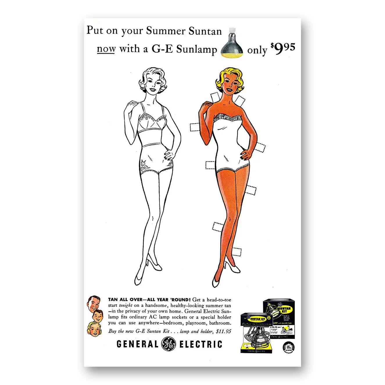 1958 General Electric Sunlamps Put On Your Summer Suntan Paper Doll Vintage Magazine Print Ad