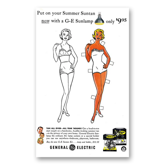 1958 General Electric Sunlamps Put On Your Summer Suntan Paper Doll Vintage Magazine Print Ad