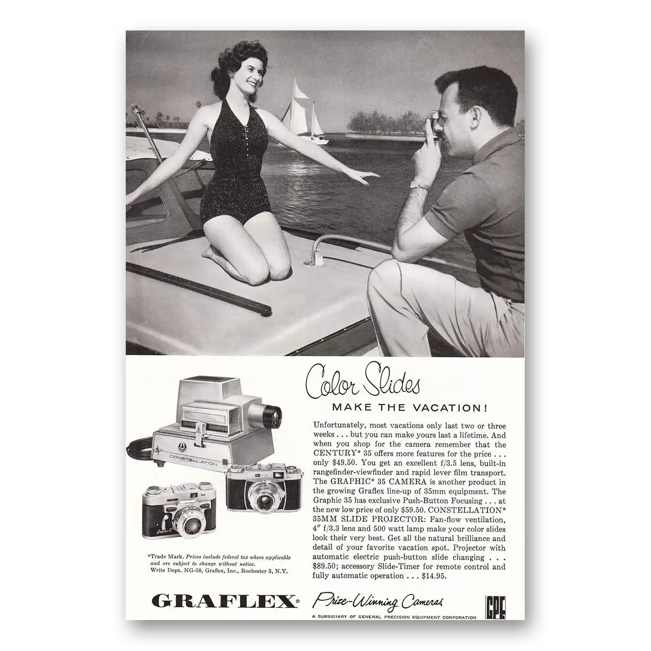 1958 Graflex Cameras Bathing Suit Boats Vintage Magazine Print Ad