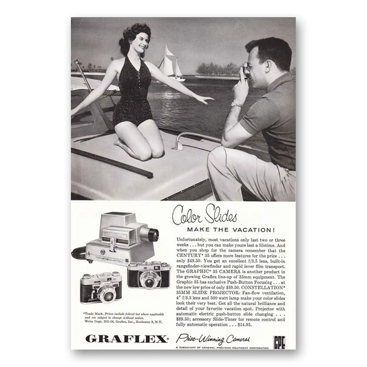 1958 Graflex Cameras Bathing Suit Boats Vintage Magazine Print Ad