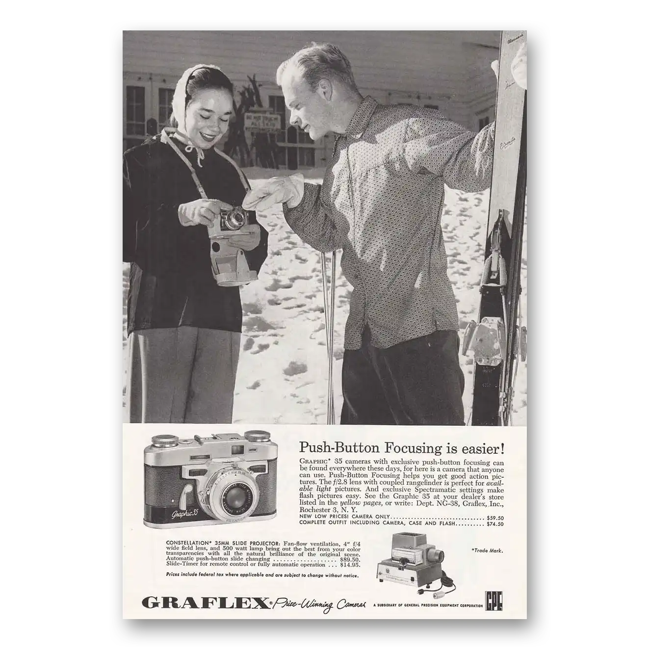 1958 Graflex Cameras Push Button Focusing Vintage Magazine Print Ad