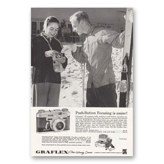 1958 Graflex Cameras Push Button Focusing Vintage Magazine Print Ad