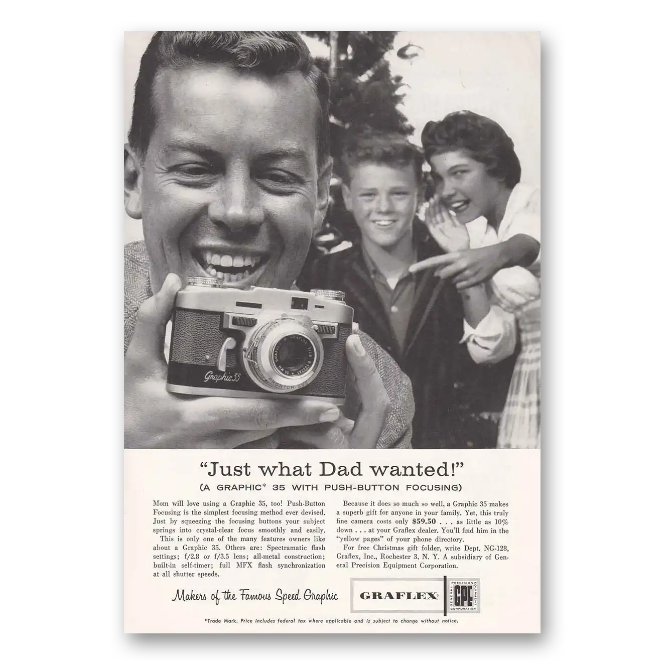 1958 Graflex Graphic 35 Camera Just What Dad Wanted Vintage Magazine Print Ad