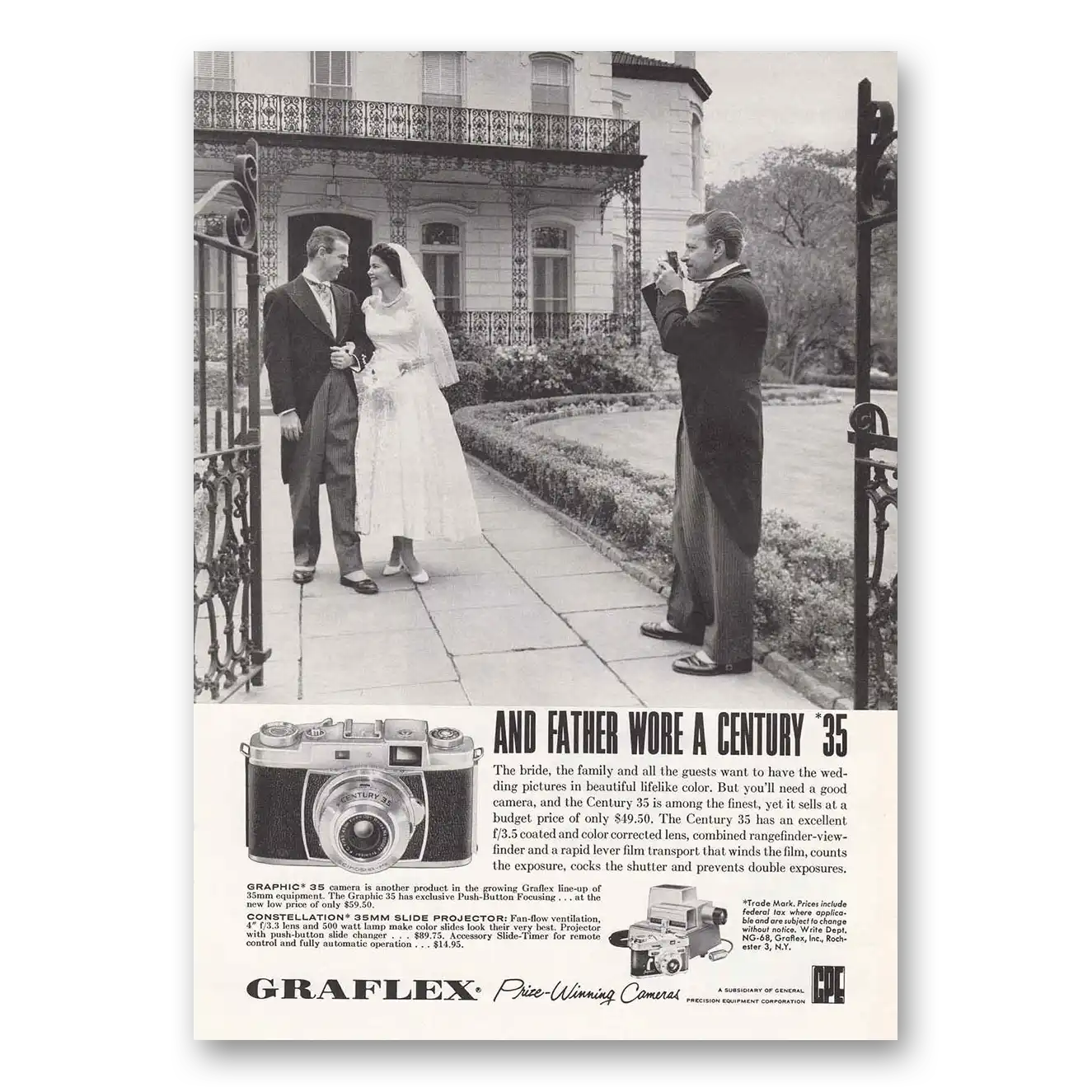 1958 Graflex Cameras Century 35 Bride Groom Vintage Magazine Print Ad