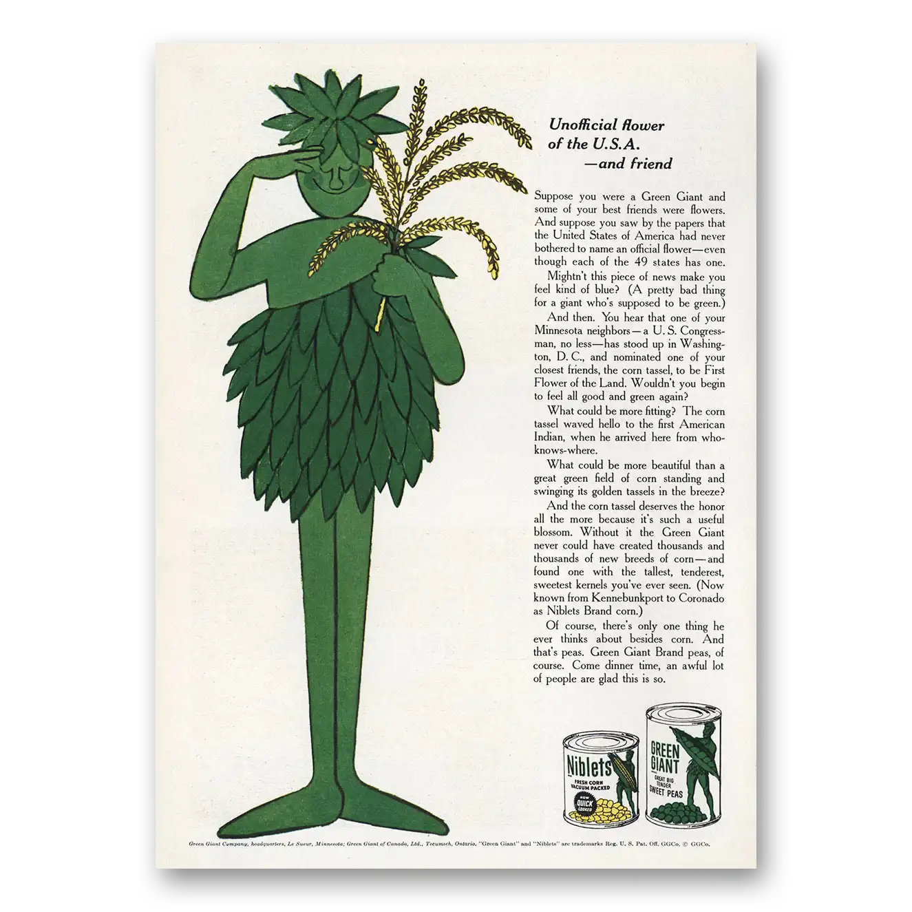 1958 Green Giant Unofficial Flower of the USA Vintage Magazine Print Ad