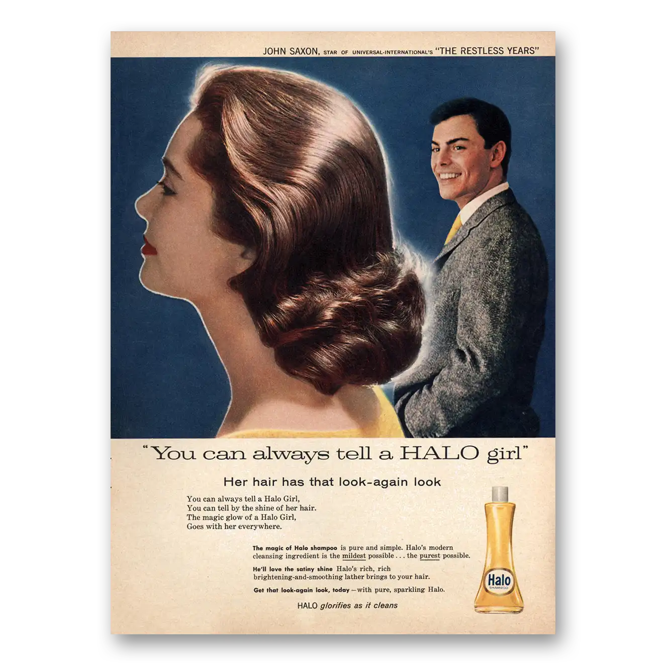 1958 Halo Shampoo You Can Always Tell a Halo Girl John Saxon Vintage Magazine Print Ad