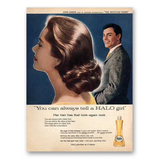 1958 Halo Shampoo You Can Always Tell a Halo Girl John Saxon Vintage Magazine Print Ad