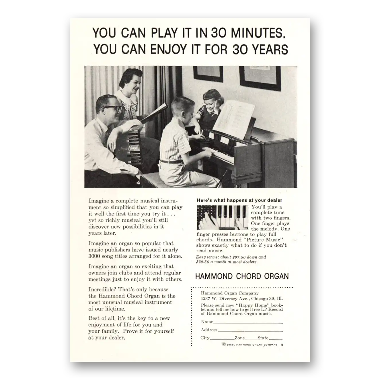 1958 Hammond Organ Chord Organ Play It In 30 Minutes Vintage Magazine Print Ad