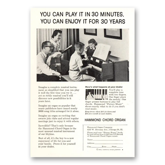 1958 Hammond Organ Chord Organ Play It In 30 Minutes Vintage Magazine Print Ad