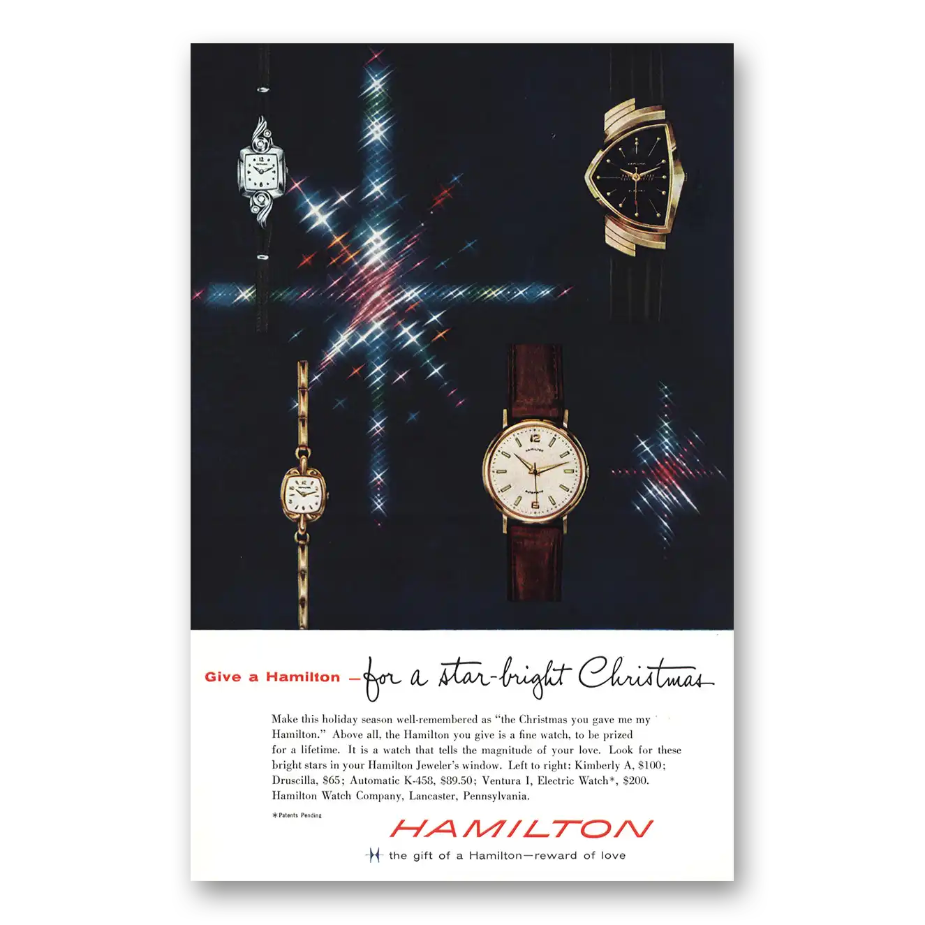 1958 Hamilton Watch Star Bright Christmas Vintage Magazine Print Ad