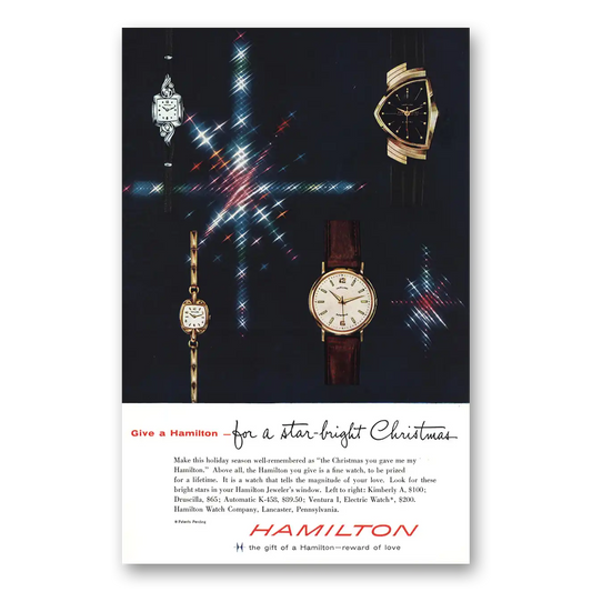 1958 Hamilton Watch Star Bright Christmas Vintage Magazine Print Ad