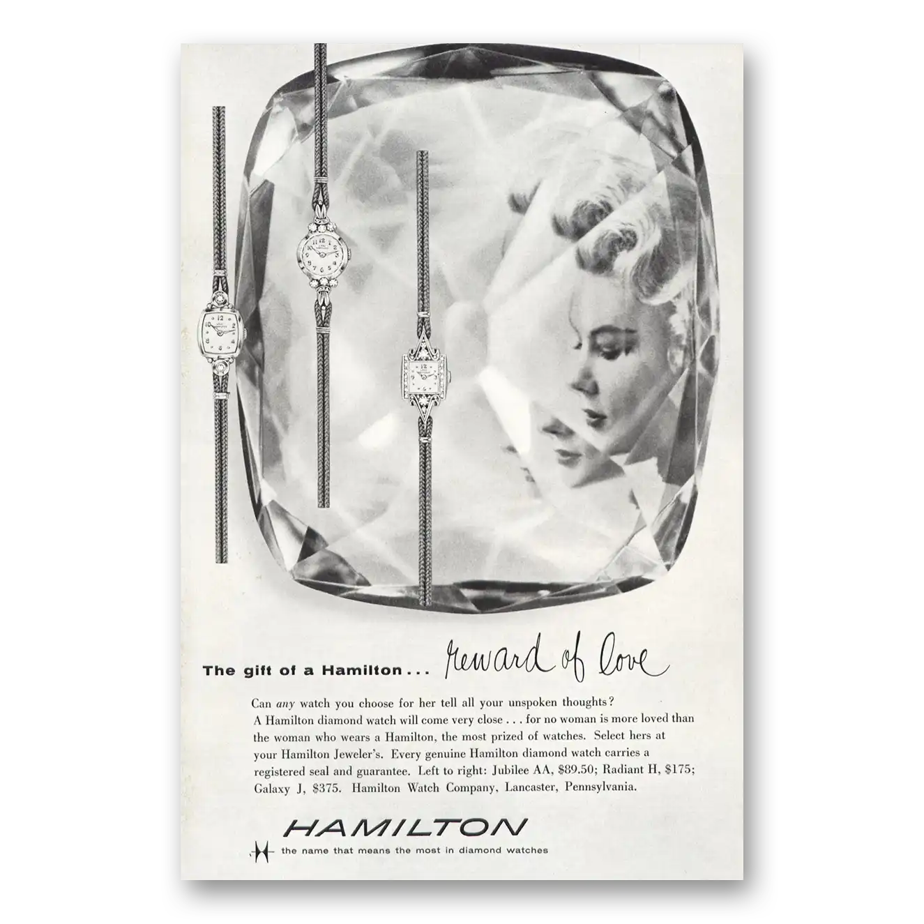 1958 Hamilton Watch Reward of Love Vintage Magazine Print Ad