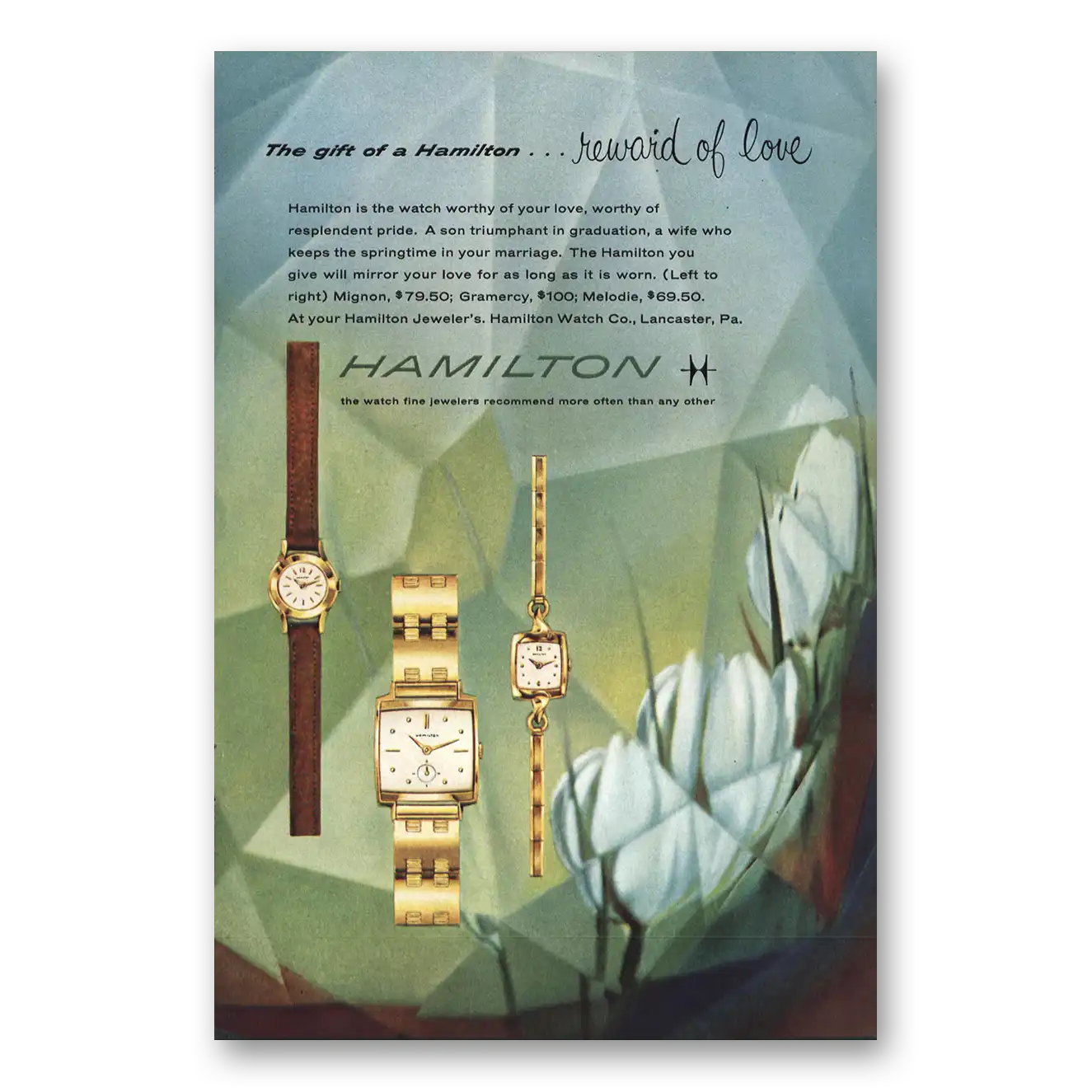 1958 Hamilton Watch Mignon Gramercy Melodie Vintage Magazine Print Ad