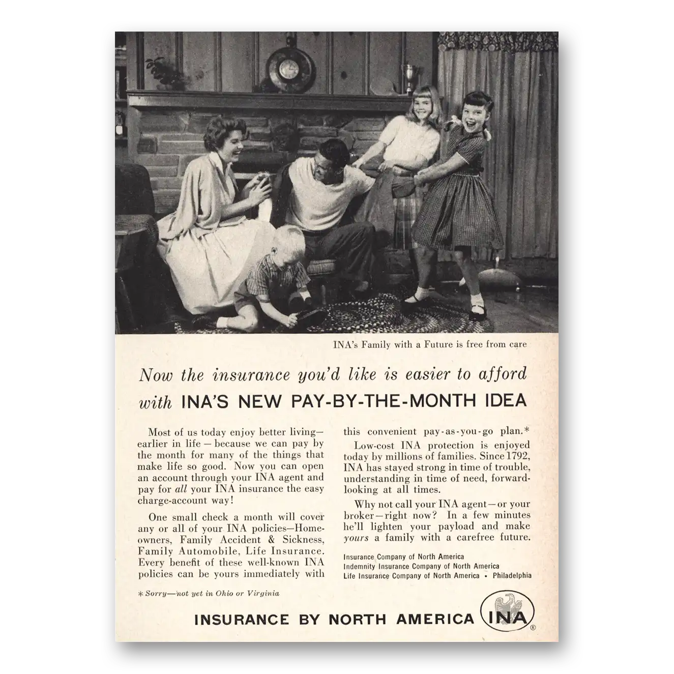 1958 Insurance Company North America INA Pay By the Month Idea Vintage Magazine Print Ad