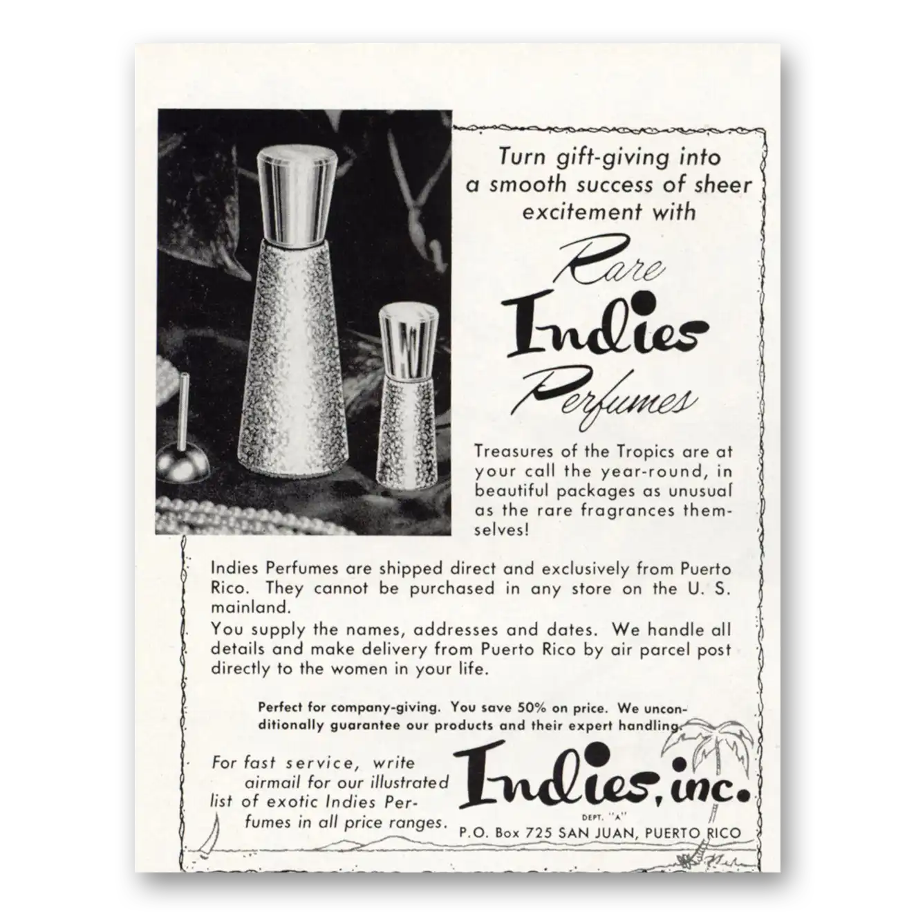 1958 Indies Perfumes Treasures of the Tropics Vintage Magazine Print Ad