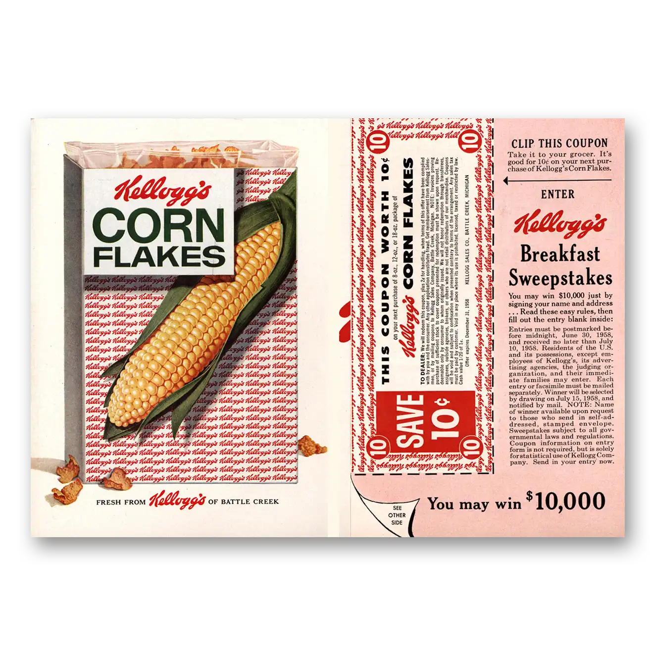 1958 Kelloggs Corn Flakes Corn Flakes Breakfast Sweepstakes Vintage Magazine Print Ad