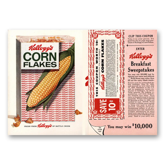 1958 Kelloggs Corn Flakes Corn Flakes Breakfast Sweepstakes Vintage Magazine Print Ad