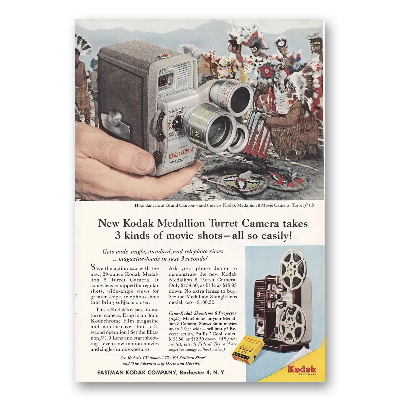 1958 Kodak Medallion Movie Camera Hopi Dancers Gran Vintage Magazine Print Ad