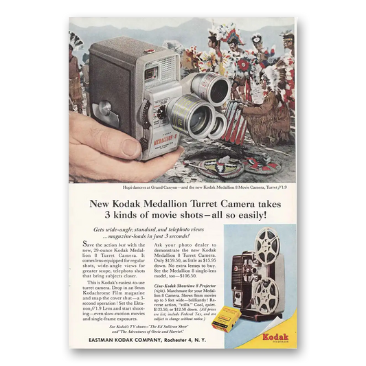 1958 Kodak Medallion Movie Camera Hopi Dancers Gran Vintage Magazine Print Ad