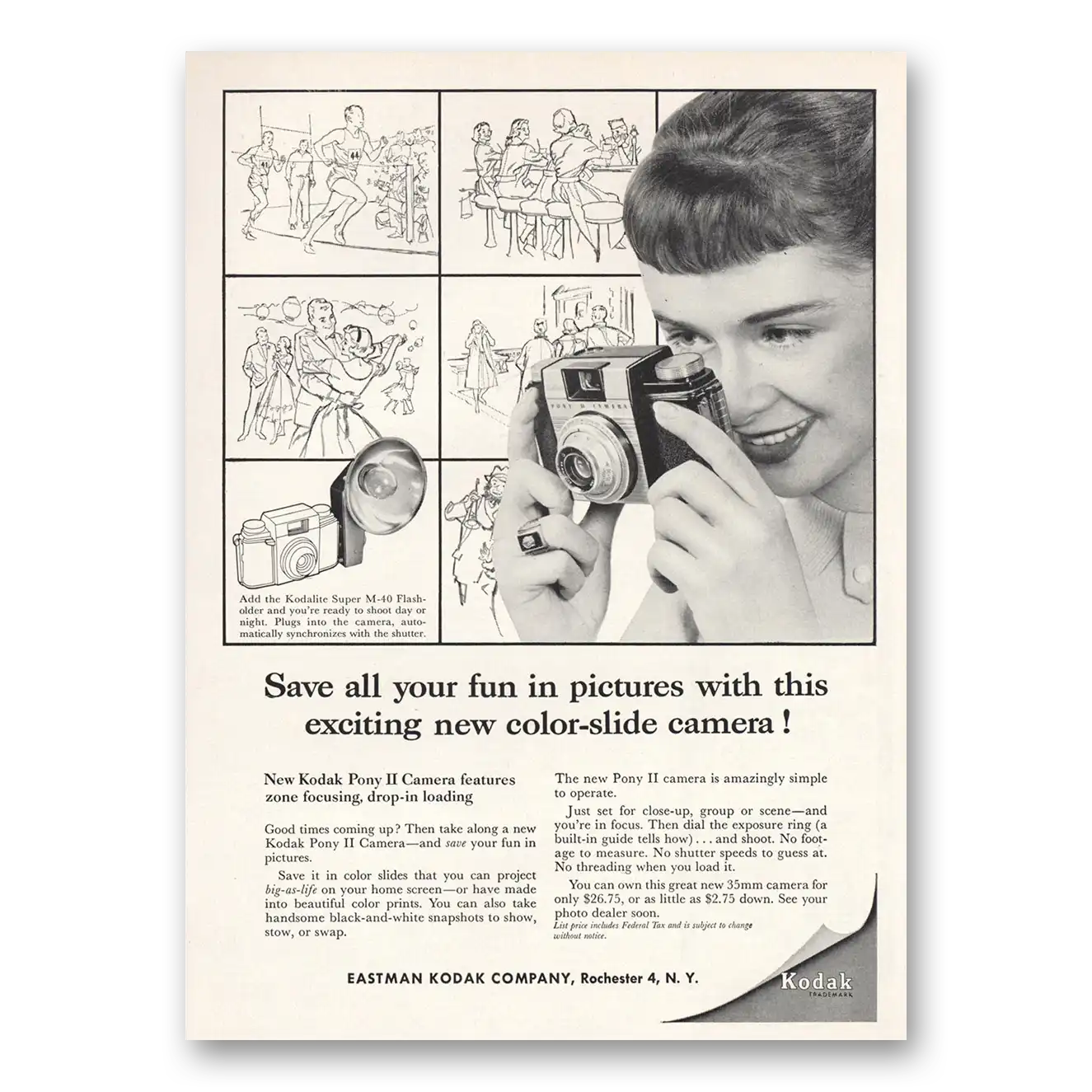 1958 Kodak Pony Camera Save All Your Fun In Pictures Vintage Magazine Print Ad