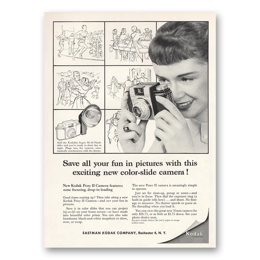 1958 Kodak Pony Camera Save All Your Fun In Pictures Vintage Magazine Print Ad